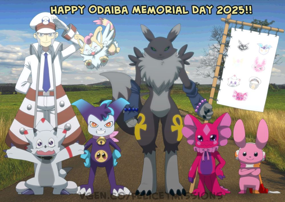 A group picture of a rag tag team of Digimon and one human set in photo of a field. From left to right is a white-clad subway boss. He is wearing a white coat with red stripes and a blue tie. Below him is a white ceratopsian Digimon called Gammamon. Beside Gammamon is a purple demon child Digimon with baby blue tipped-horns sporting a mischievious grin called Impmon. Above Impmon is a cream and white tiny cat Digimon with white wings pouncing on them. Beside Impmon is a black and grey fox-like Digimon called a RebirRenamon with yellow Ankh symbols on her hips. Beside RebirRenamon is a hot pink and purple lizard Digimon with an elizabethian collar name Elizarmon and beside Elizarmon is a pink rabbit-like fairy Digimon named Cutemon sporting a scarf with the lesbian colors. RebirRenamon is holding a banner on a stick that has crude drawings of each member of their team on it.