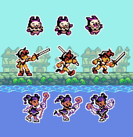 pixel art sprites rendered in a retro-style: each sprite only containing four colours each. 
Top row: A round, purple, cat-like creature with a neck ruffle
Middle row: A hero character with a sword
Bottom row: A mage character with a staff