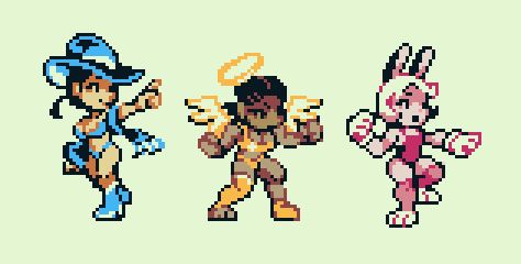 pixel art designed for the gameboy color featuring three female characters: a wizard in blue clothing, a brawler angel in yellow sports bra, and a kickboxing magenta rabbit girl.