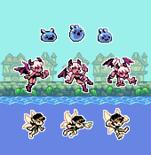 pixel art sprites rendered in a retro-style: each sprite only containing four colours each. 
Top row: A round, blue, bunny-like slime creature
Middle row: A pink imp character
Bottom row: A green pixie