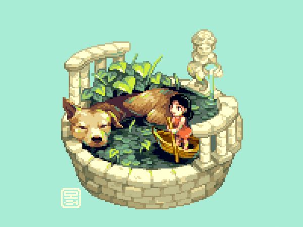 a pixel art illustration of a large dog, resting in a stone pool filled with water and plants while a small girl in a red dress approaches it. In the corner, a stature of a woman pours water into the pool.
