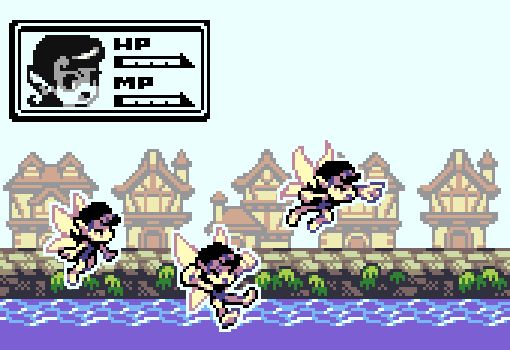 A pixel art mockup that resembles a platformer. A fairy character is featured in the UI and in several sprites across the scene. The background is tileset featuring a village with half-timbered houses and an ivy-covered path.
