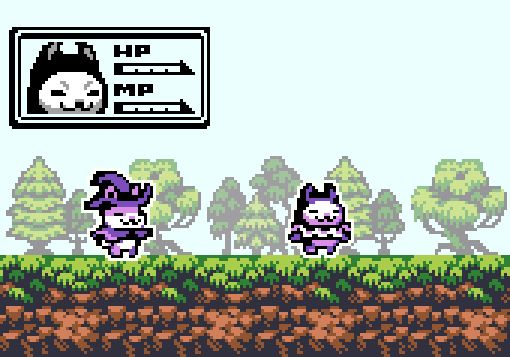 A pixel art mockup that resembles a platformer. Two cat-like creatures are featured in the UI and in several sprites across the scene. The background is tileset featuring a grassy forest and pathway.