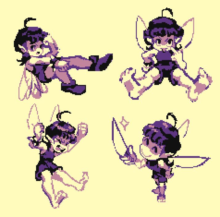 Four pixel art character sketches of a pixie named Peachy, all done with a limited palette of four colours. The sketches showcase her rebellious and spoiled personality, featuring poses where she's throwing a tantrum (bottom left), flipping off the viewer (top right), or innocently threatening with a knife (bottom right). In the top left, she is angrily reclining.