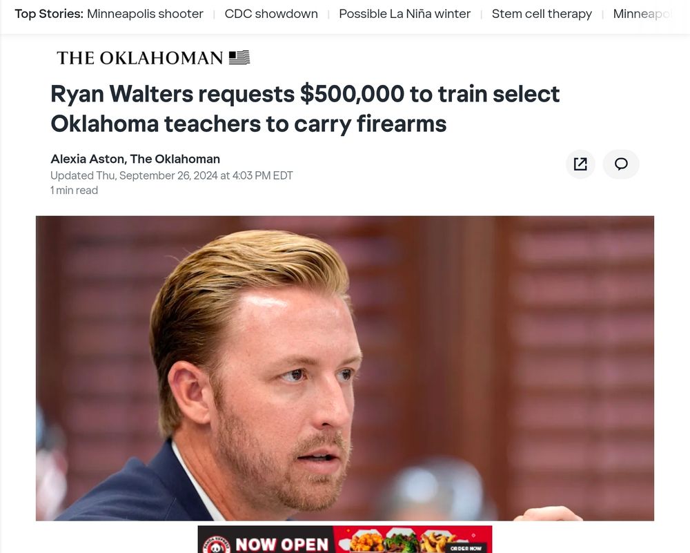 Ryan Walters requests $500,000 to train select Oklahoma teachers to carry firearms 
