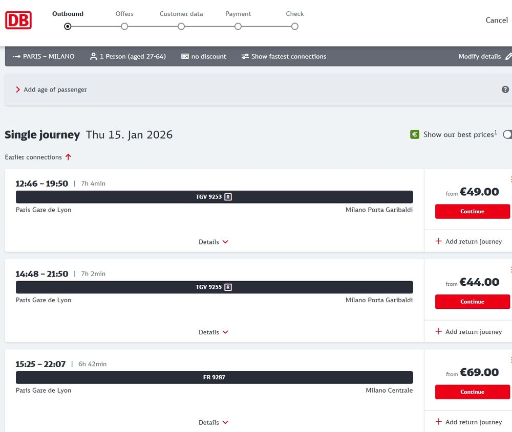 Deutsche Bahn Portal showing tickets from France to Italy