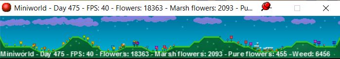 A screenshot of a very small, narrow software window for a game called Miniworld, made by Daniel Remar. It shows a 2D view of some hills with flowers on them, and a blue sky and some clouds in the background. Some notable statistics read "Day 475", "Flowers: 18363", "Marsh flowers: 2093", "Pure flowers: 455", and finally, "Weed: 6456"