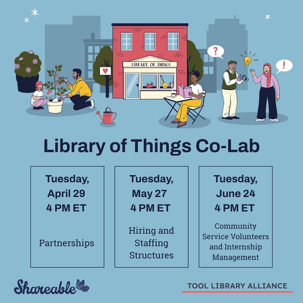 Library of Things Co-Lab promo graphic, dates include April 29 at 4 PM ET for a partnerships session, May 27 at 4 PM ET for a hiring and staffing structures session, and June 24 at 4 PM ET  for a community service volunteers and internship management session. 
