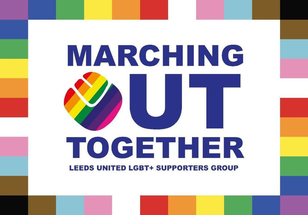 Marching Out Together banner with rainbow smiley logo & edged in Progress Pride colours