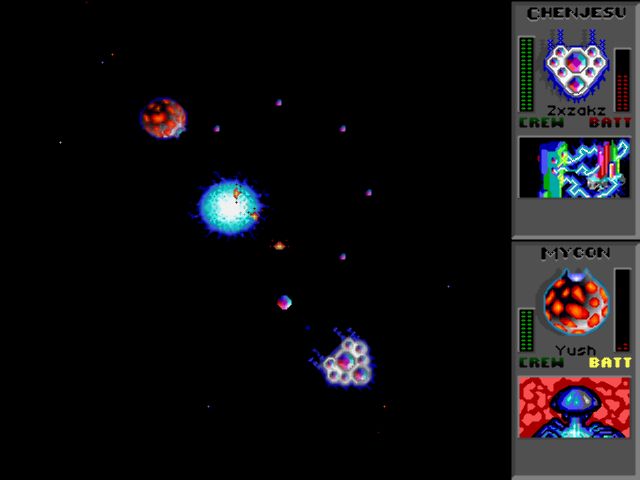 Screenshot of Star Control II showing a Super-Melee battle between a Chenjesu captain Zxzakz and a Mycon captain Yush.