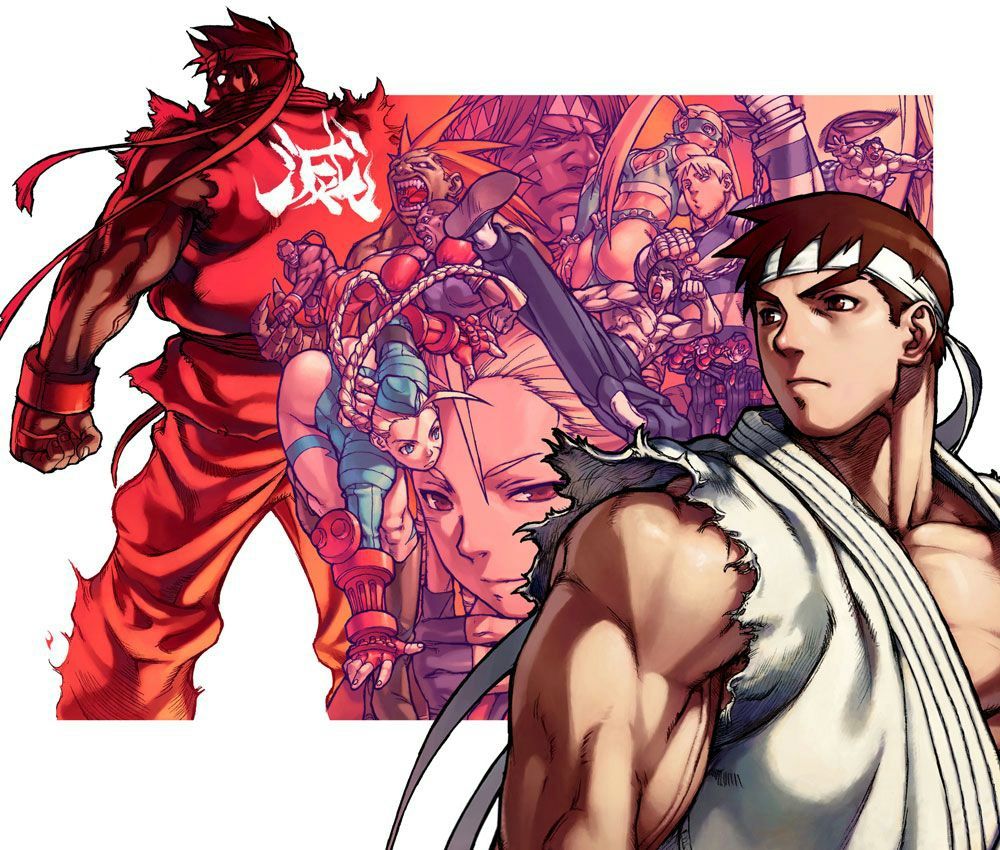 Street Fighter Zero 3 key art by Edayan. On the right, a picture of Ryu looking left, superimposed over a collage of a number of fighters from the game.
