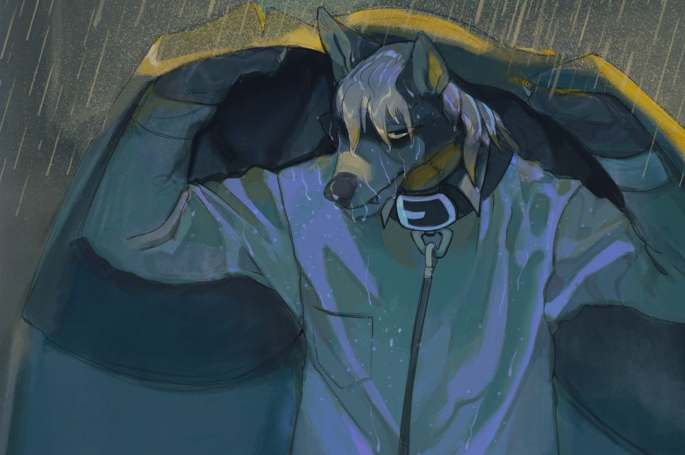 a hyena holding a coat over his head in the rain. at the time making this i was listening to "Soap Party" by "Nourished By Time" and thinking of the lyric "The truth is in the sun, but there's comfort in rain". that was the vibe for this image