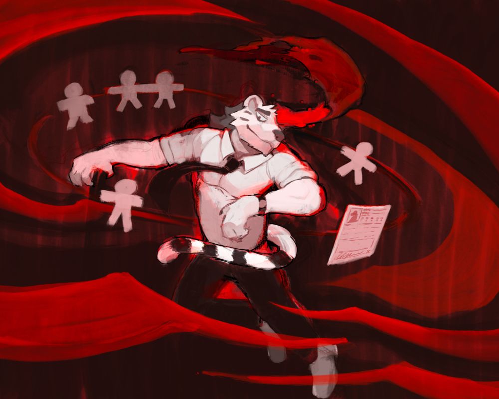 white tiger surrounded by paper dolls and a job application. composition also has large abstract swathes of red. his head is bleeding.