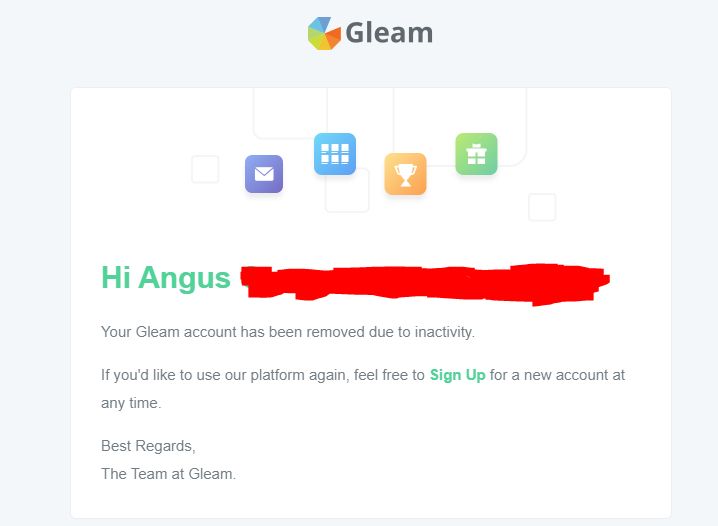 My Gleam account has been removed due to inactivity