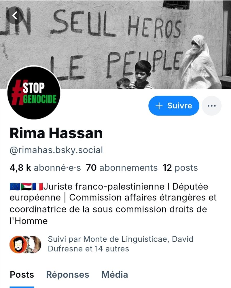 Screenshot du compte @rimahas.bsky.social qui se présente comme le compte de Rima Hassan