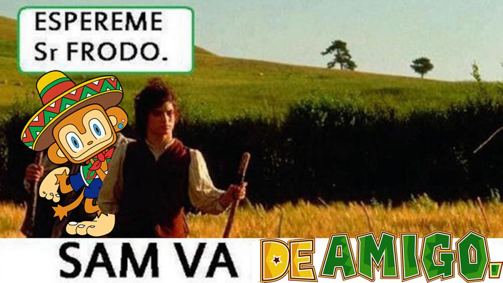 El meme de "Sam Va lentín", con Sam siguiendo a Frodo por un campo y diciendo "Espereme, Señor Frodo", solo que es el mono del videojuego "Samba de Amigo".