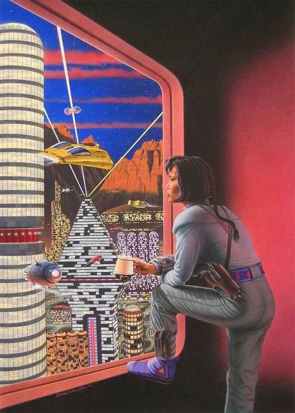 a retro 1970s cover of a woman drinking from a cup while looking at a futurist city landscape with flying cars