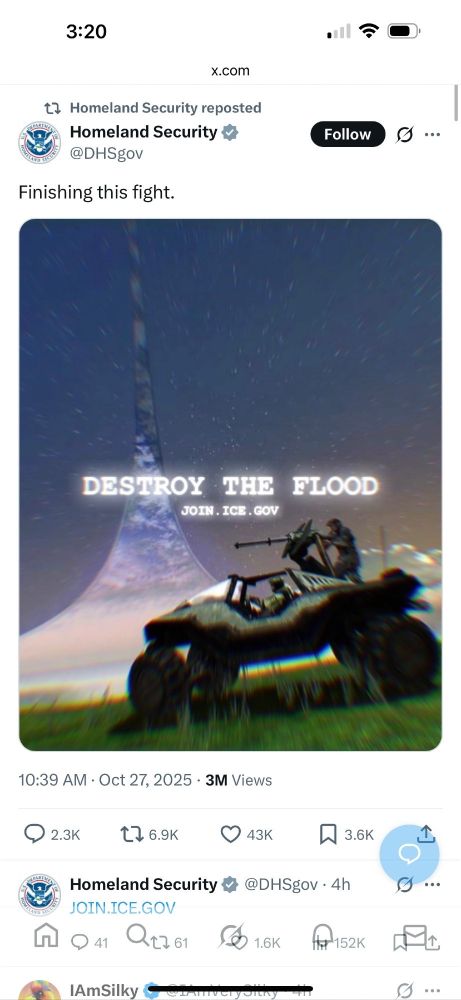 A post from "Homeland Security" showing the Halo, the Warthog and the text "Finish the fight. Destroy the Flood. Join ICE".