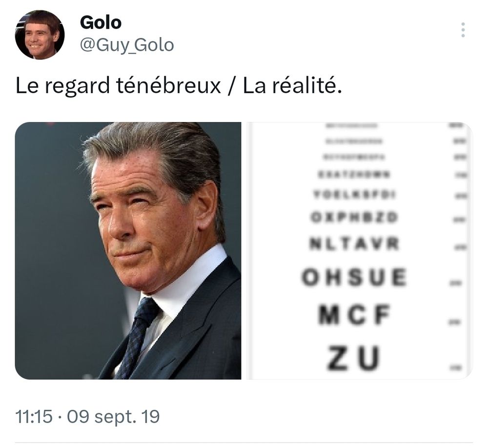 Texte :le regard ténébreux/la réalité
Image 1: James Bond plisse les yeux
Image 2 : panneau d'ophtalmologie avec les lettres complètement flou