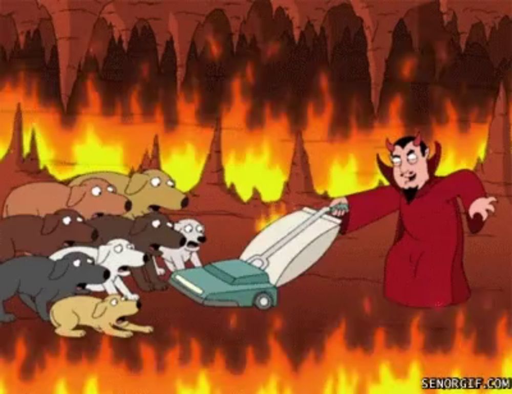 a cartoon of a devil vacuuming a bunch of dogs