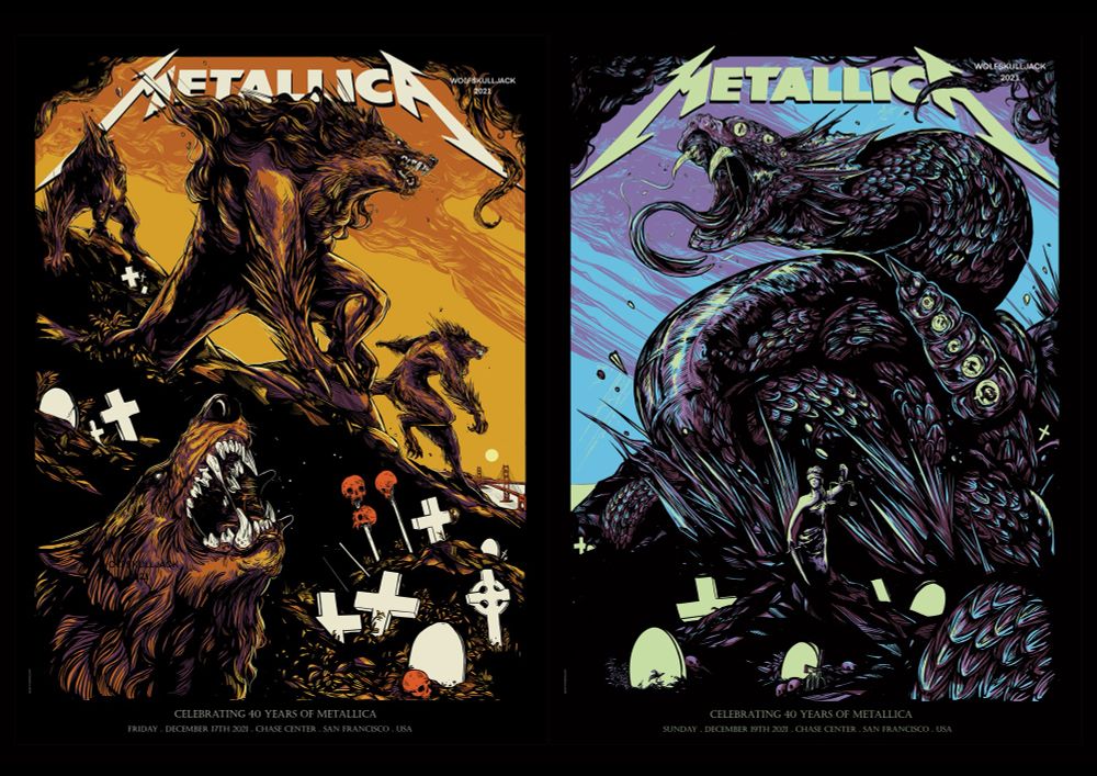 Final art, two posters for Metallicas 40th anniversary show. One with werewolves the other with a giant snake 