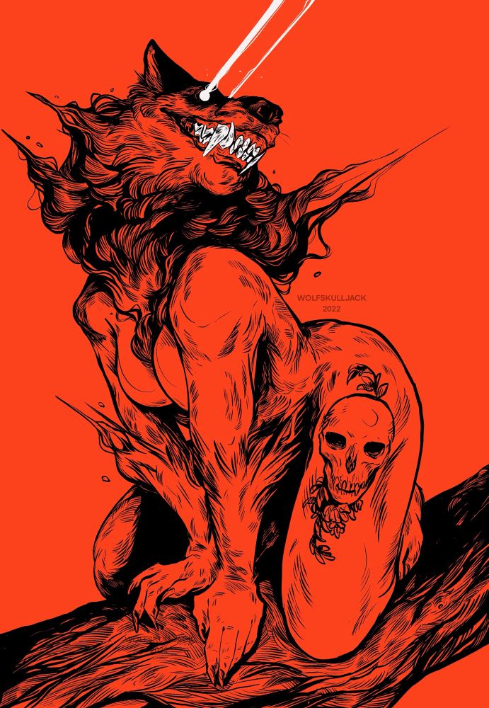 My art, digital inked. A wolf women sits, grinning, with a human skull tattoo on her thigh 