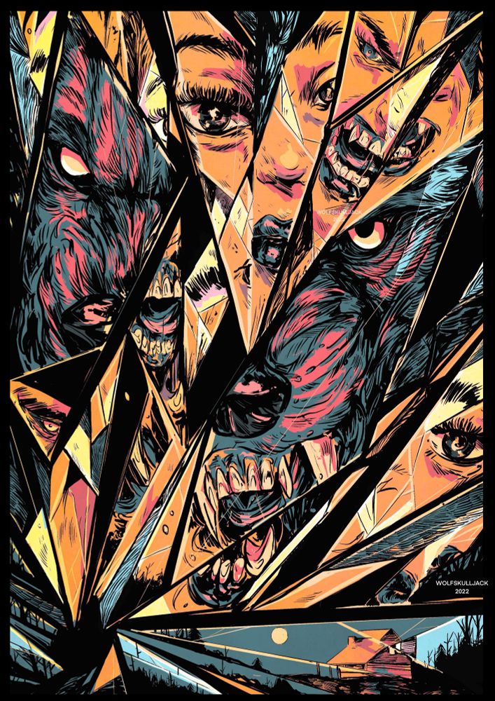 Digital art, my work. Fractured glass showing scenes of a women transforming into wolf