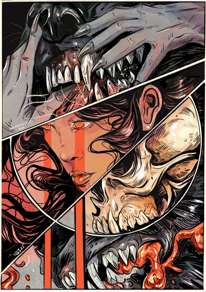 My art, digital. A comic panel style featuring a women, skull and a wolf