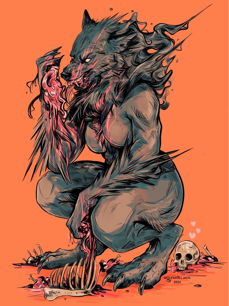 Digital drawing of a Werewolf women consuming a skeleton