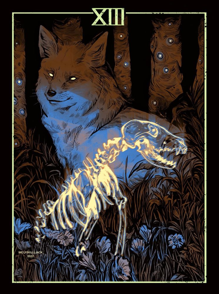 My art, digital. A fox and a ghostly skeleton of a fox 