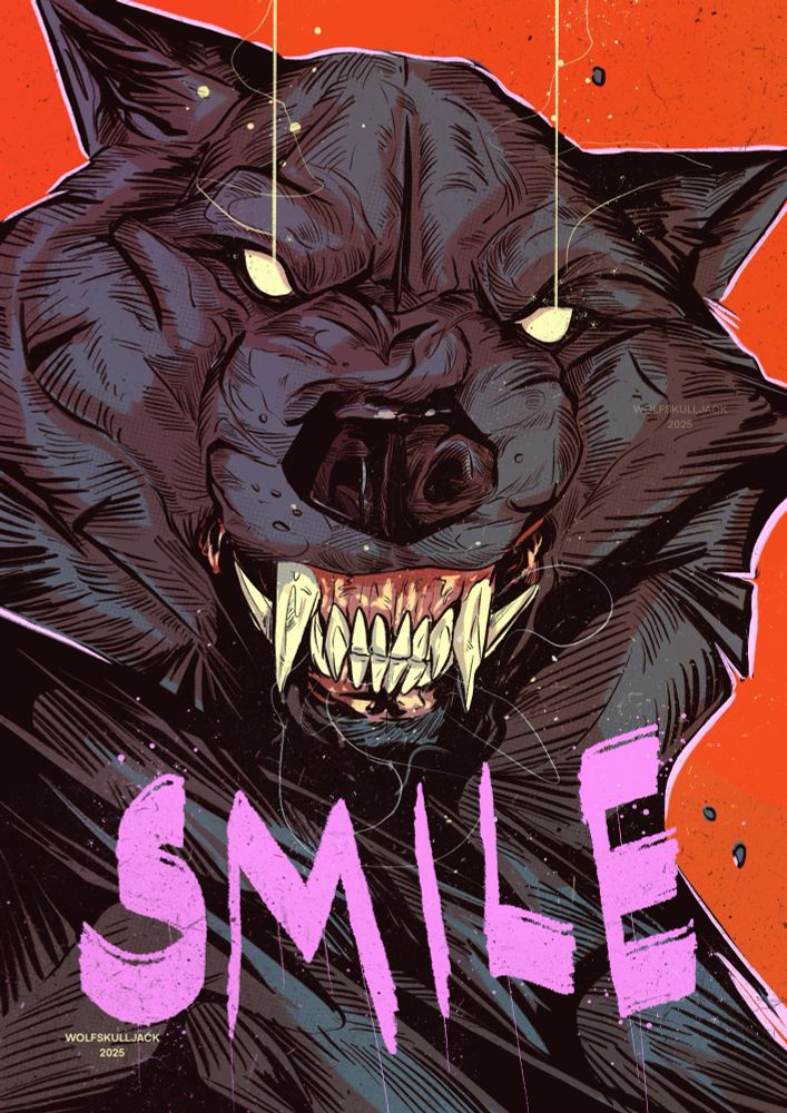 My drawing, digital, a wolf face growling with the word ‘smile’ 