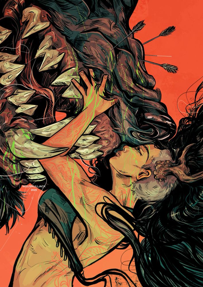 Digital art, my work. Lilith, a nature God holds a giants wolfs teeth as she attempts to help him pull the arrows out of his snout 