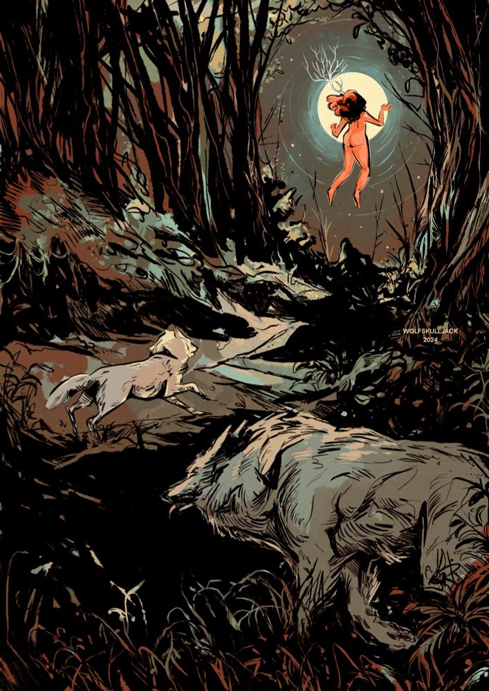 Digital drawing my me, a red women with a single antler floats up to the moon whilst her wolf companions run on the forest floor 