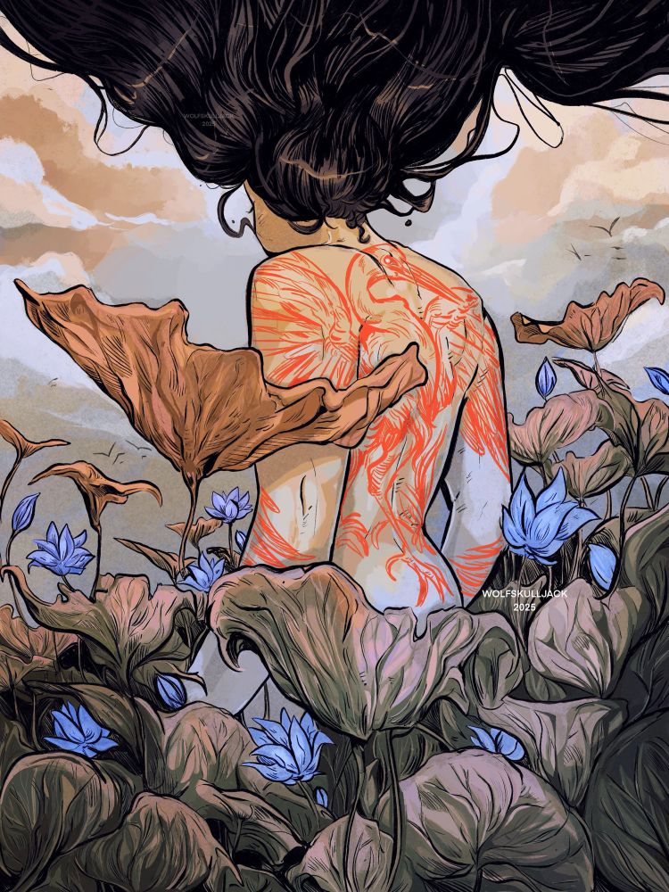 My art, digital. A women walks through giant water lily-like plants. She has a red tattoo of a crane on her back 