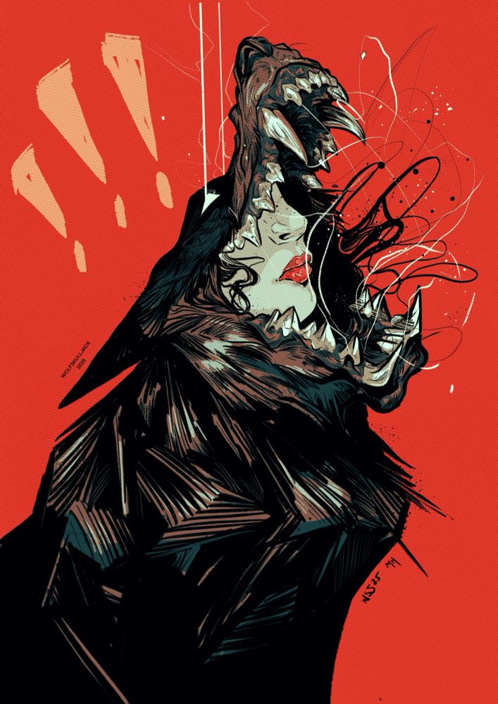 My art, a wolf with the face of a human women in his mouth. Digital art 
