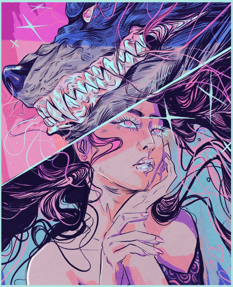 My art, digital. A women with hearts in her eyes and a snarling wolf head