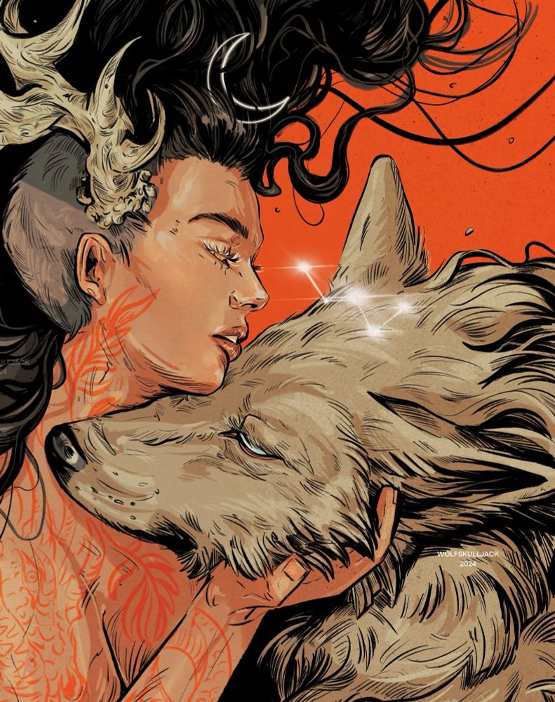Digital illustration by me. A women with a single antler holds a wolf lovingly who has the Cassiopeia symbol above her head 