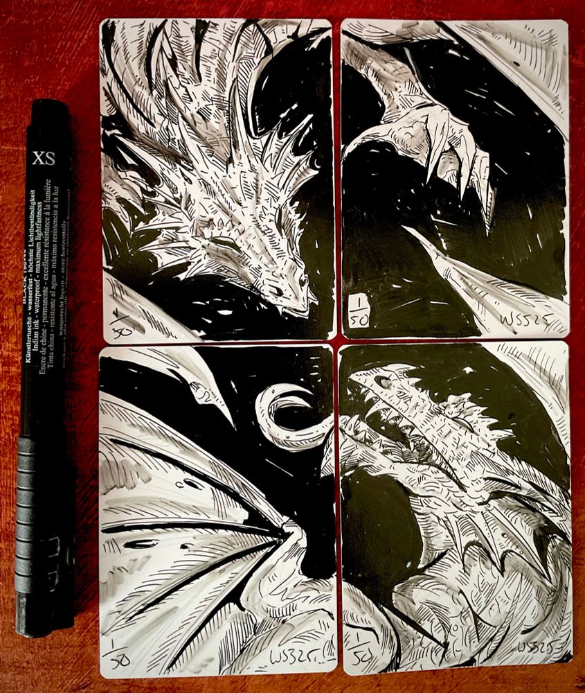 A drawing of two dragons spread over 4 Magic the Gathering cards