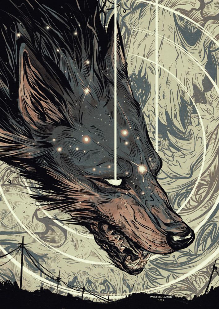 A giant wolf head made of galaxies and stars appears from the heavens, the background is swirling with wolf skulls and skeletons, perhaps an indication of time and ancestry. Digital illustration by me 