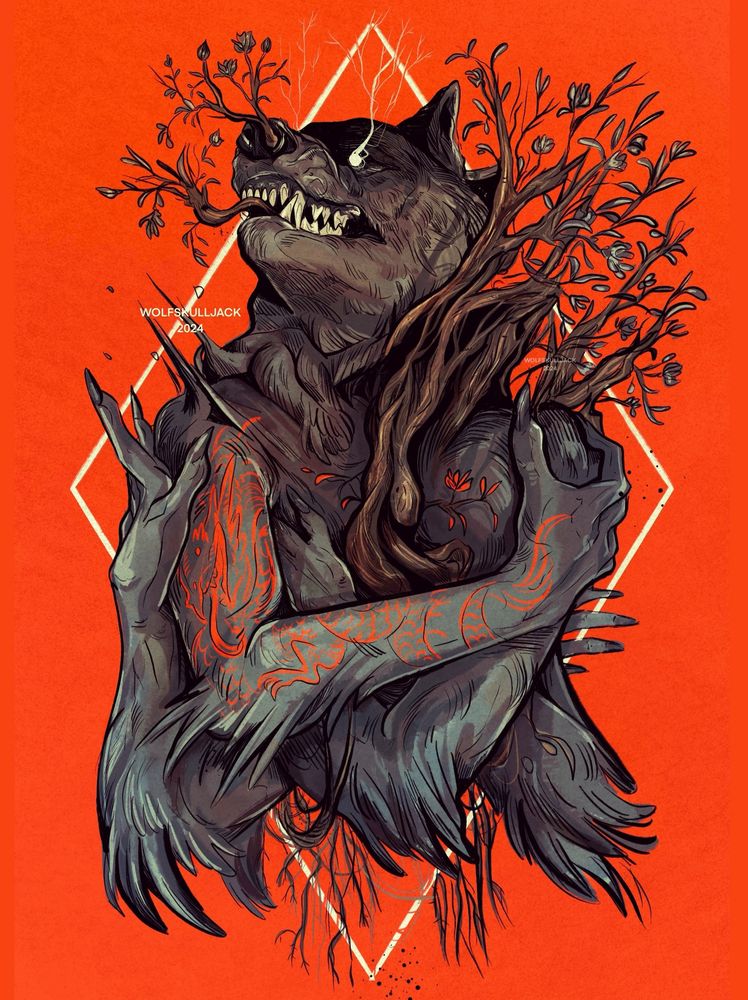 Digital art, mine. A wolf with human hands struggles against branches that sprout form the body. A representation of unresolved trauma 