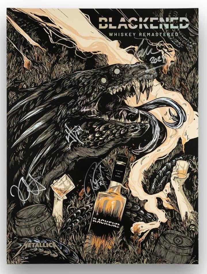Signed Blackened whiskey poster. A snake/dragon creature with arms reaching out of the grass with glasses 