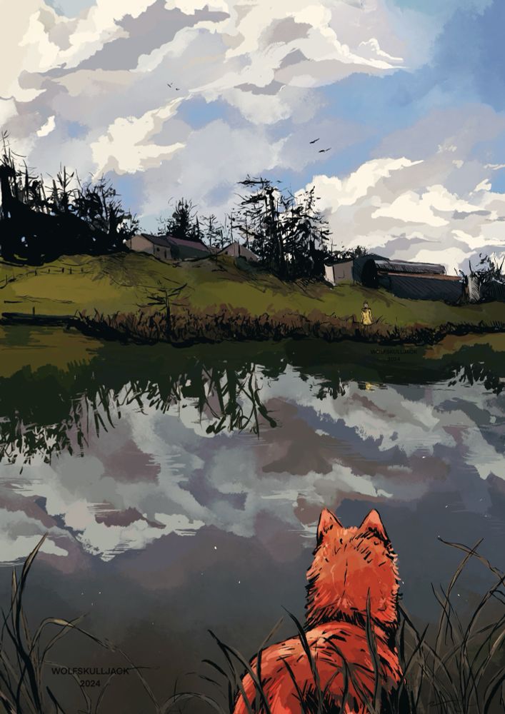 My art, digital. A red wolf waits on one side of the river where a women in a yellow coat stands 