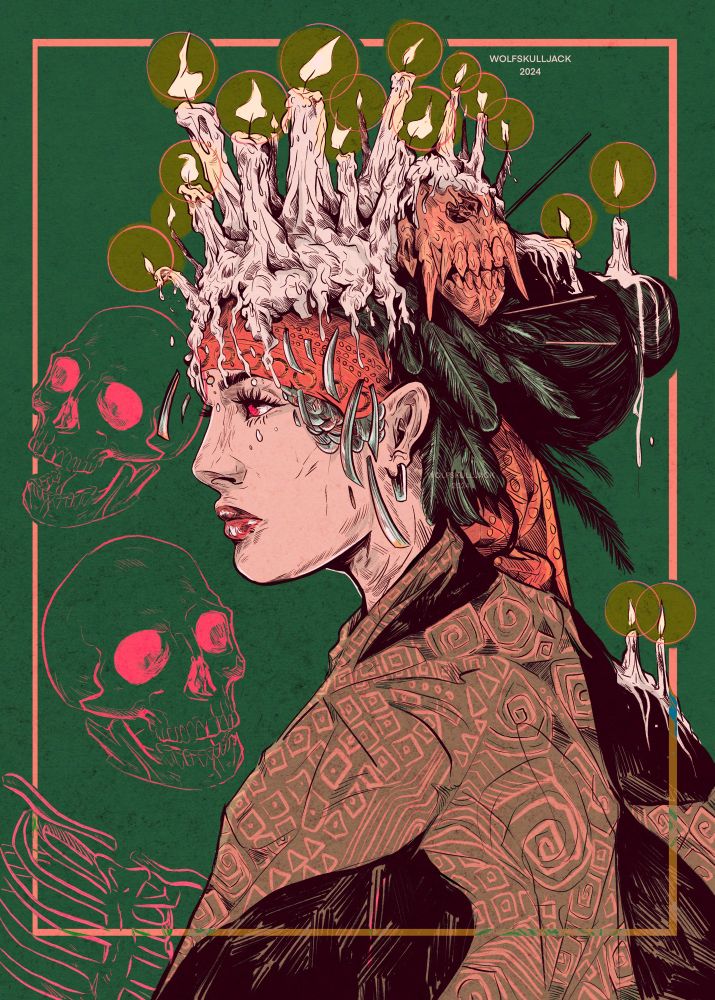My art, digital. A shaman with lit candles on her head and decorative clothing. Two skeletons surround her in pink