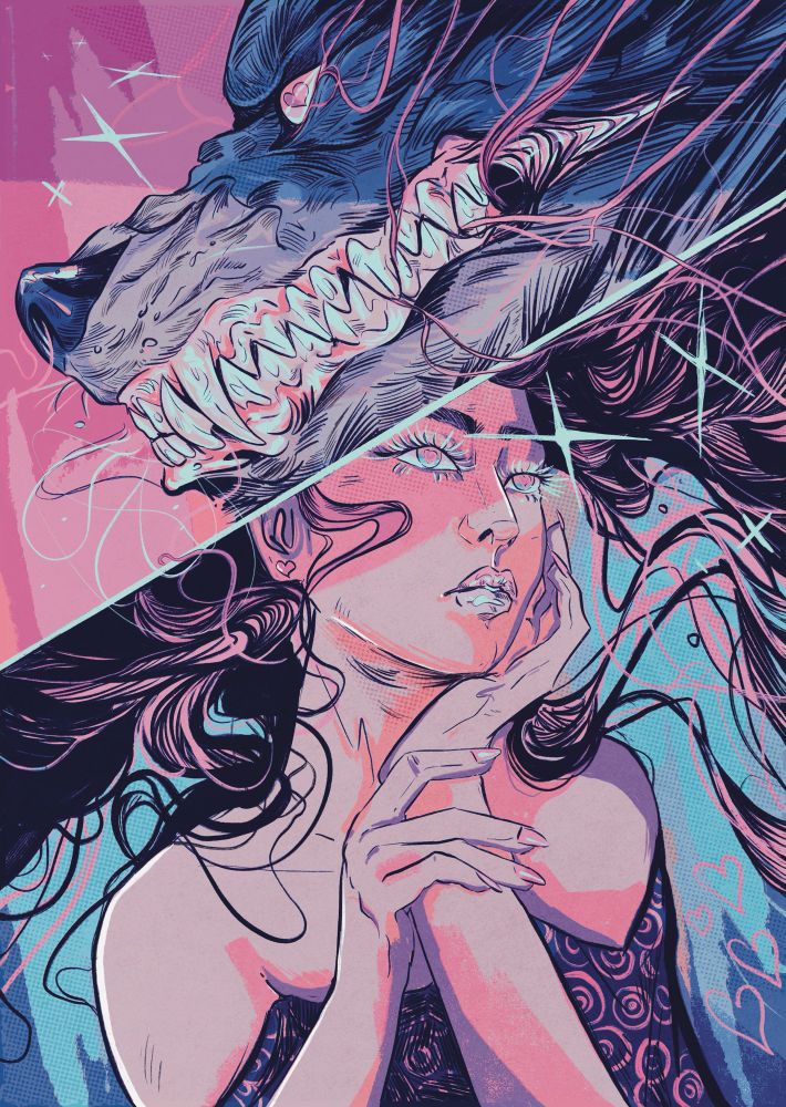 My art, digital. A women and a snarling wolf