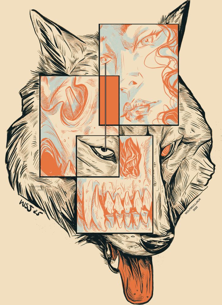 My art, digital. A comic style piece of a wolf’s face with skull/human women’s face in panels 