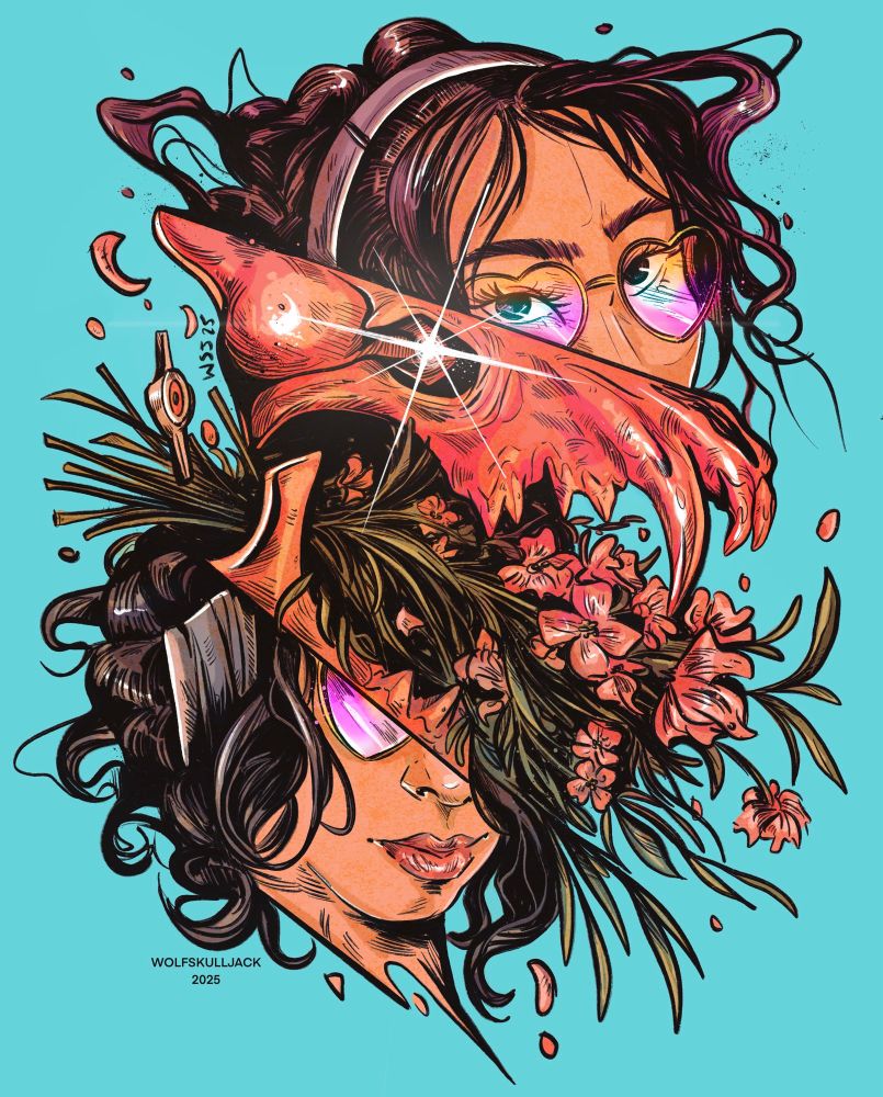 My art digital, abstract self portrait with a red wolf skull and flowers 