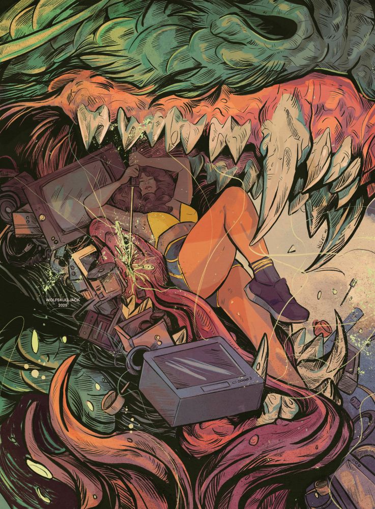 Digital art, my work. A women with a sword sits inside a dragons mouth as she stabs downwards. A junk yard falls out of the dragons mouth at the same time 