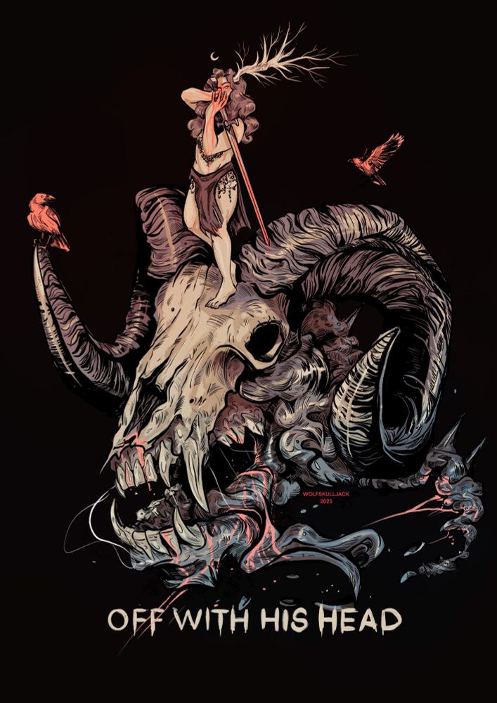 A warrior woken stands on the skull of a fallen beast. The caption reads ‘off with his head’ 