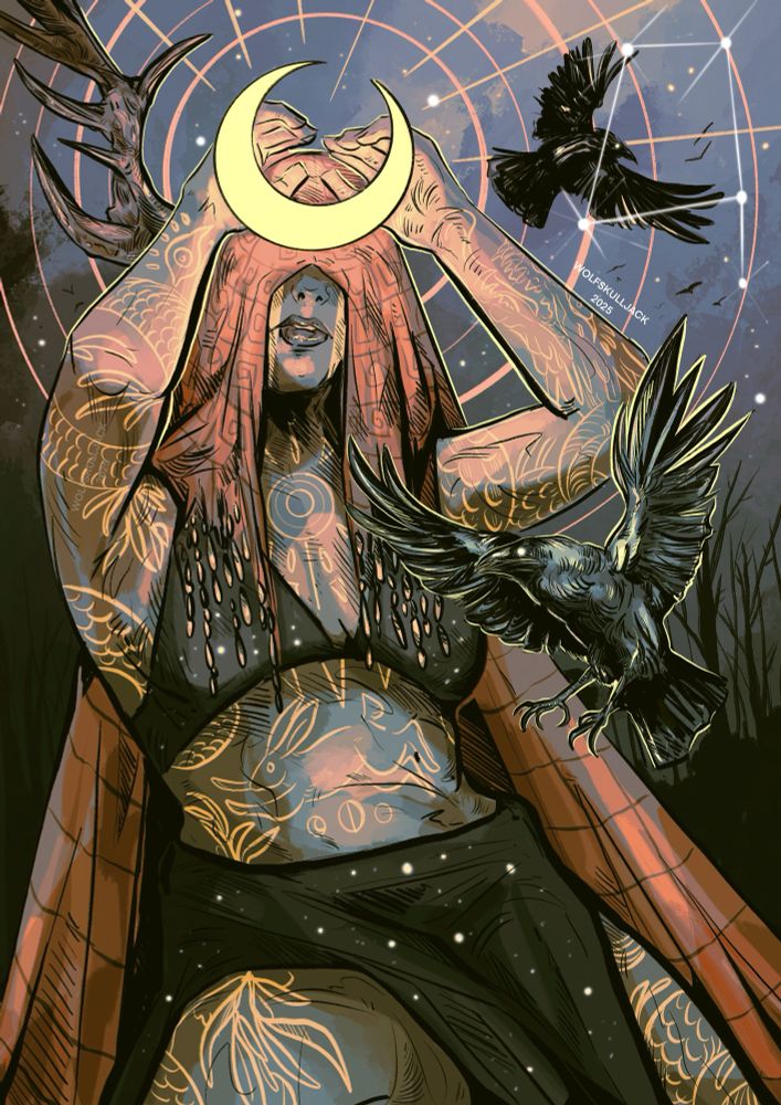 My art, digital. A tattooed mage women holds a moon to her face whilst two crows fly around her