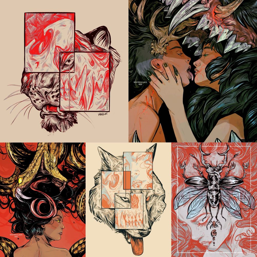 A collection of my work from January. A tiger head, two women about to go to town on each other, a women and a snake, a wolf, and a women and a bug. Too much to describe here but ask questions if you like! 